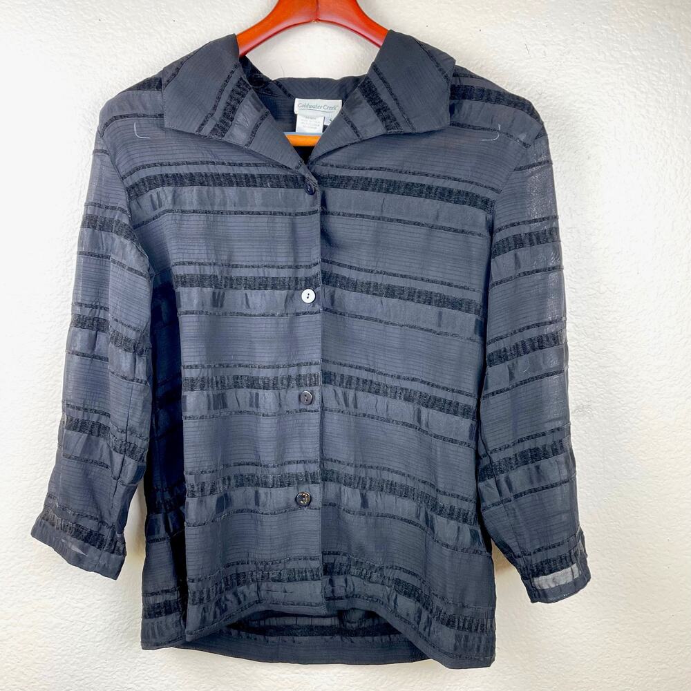 Coldwater Creek Womens Top Sz S Velvet Burnout Button Up Semi Sheer Black Stripe